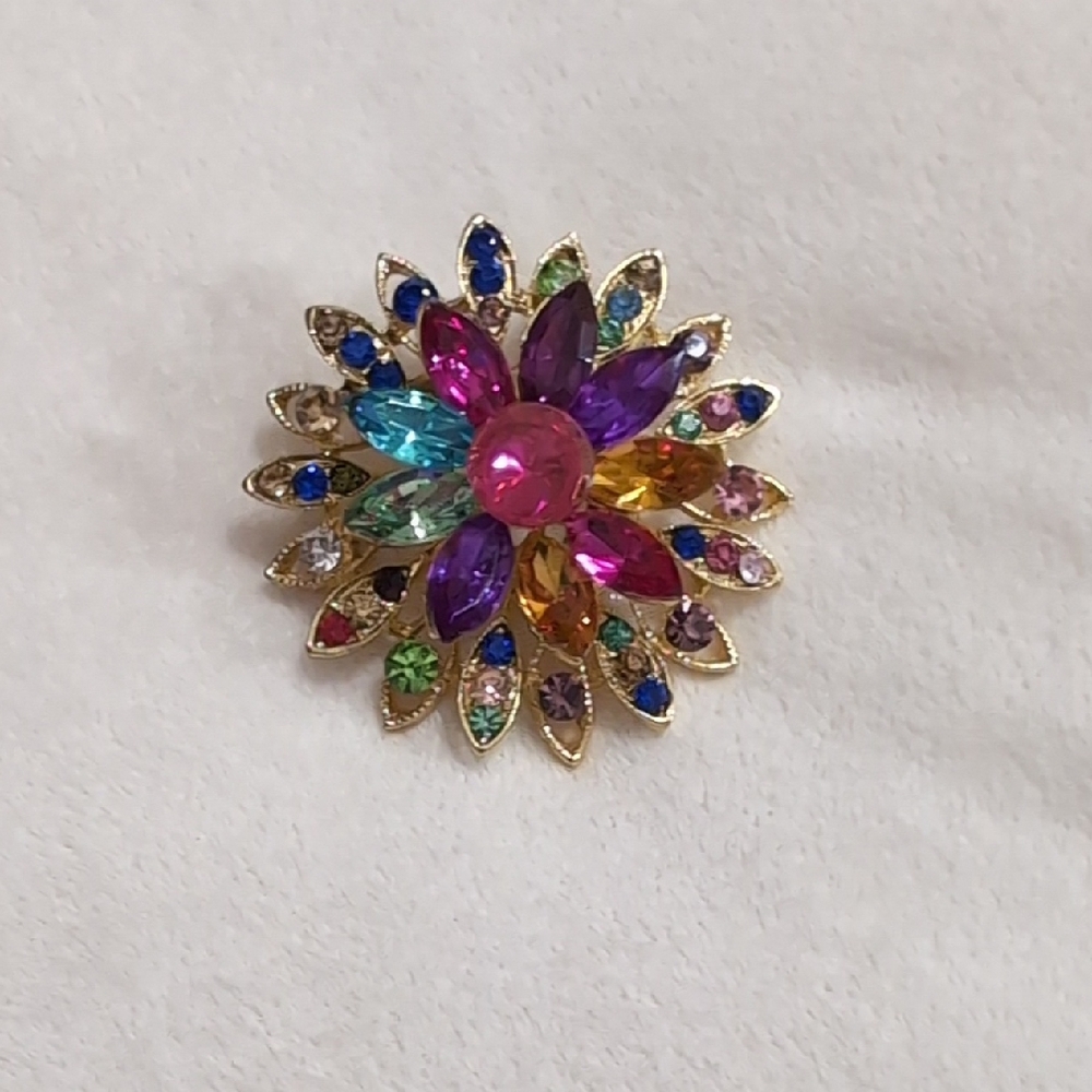 Vintage Multicolor Rhinestone Flower Brooch Pin